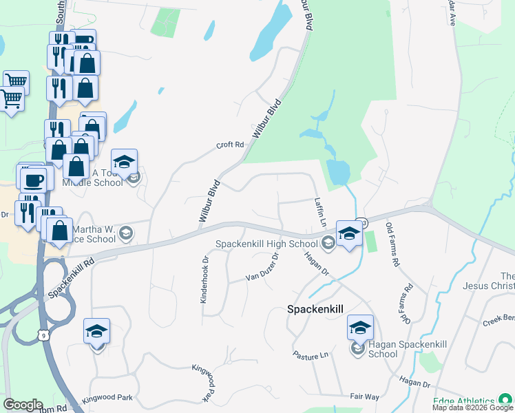 map of restaurants, bars, coffee shops, grocery stores, and more near 9 Pineberry Court in Poughkeepsie