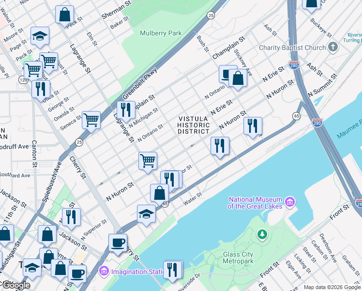 map of restaurants, bars, coffee shops, grocery stores, and more near 612 Chestnut Street in Toledo