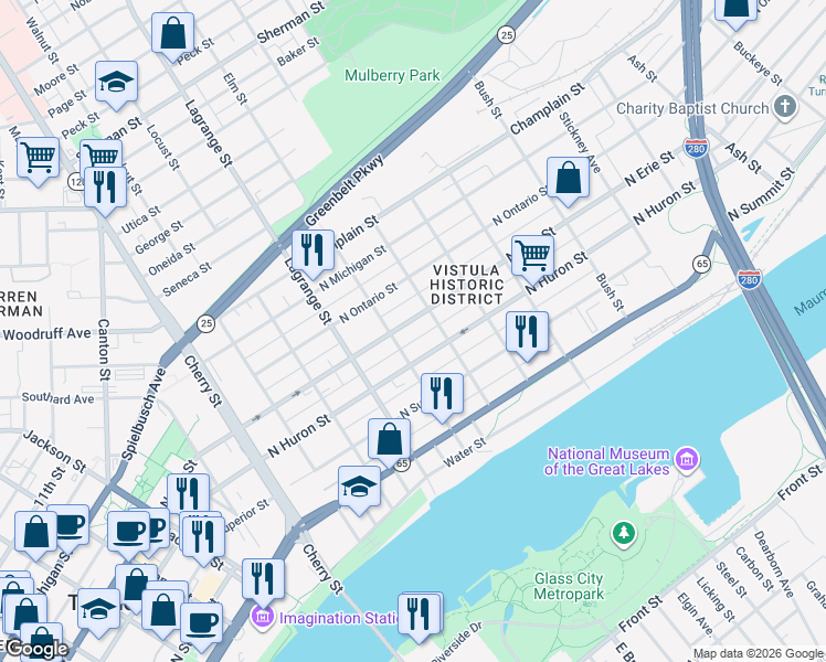 map of restaurants, bars, coffee shops, grocery stores, and more near 1121 North Erie Street in Toledo