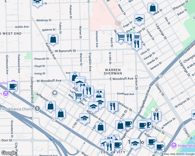map of restaurants, bars, coffee shops, grocery stores, and more near 2063 Vermont Avenue in Toledo