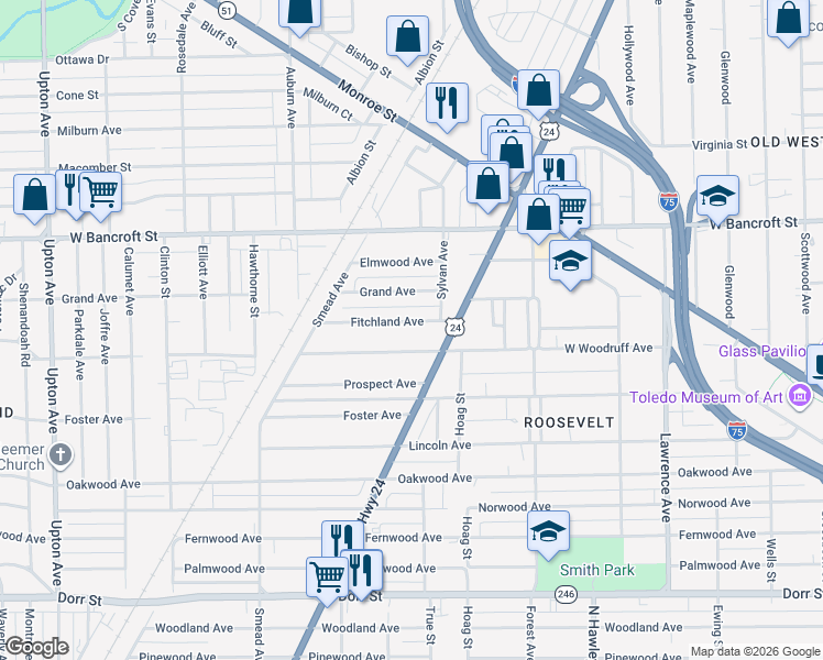 map of restaurants, bars, coffee shops, grocery stores, and more near 1314 Fitchland Avenue in Toledo