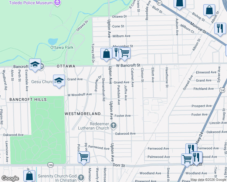 map of restaurants, bars, coffee shops, grocery stores, and more near 2033 Parkdale Avenue in Toledo