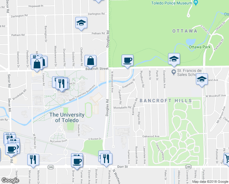 map of restaurants, bars, coffee shops, grocery stores, and more near 2037 Farnham Road in Toledo