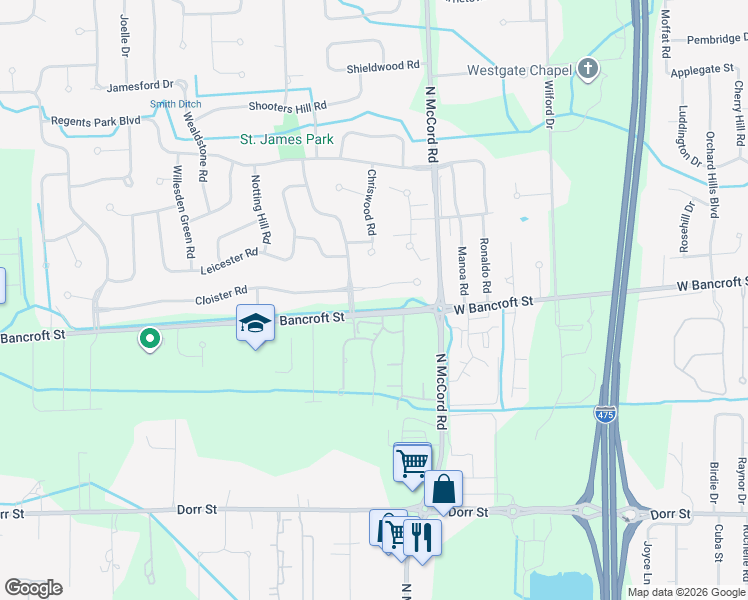 map of restaurants, bars, coffee shops, grocery stores, and more near 6761 Cloister Court in Toledo