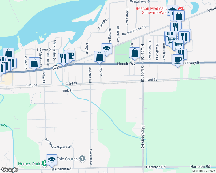 map of restaurants, bars, coffee shops, grocery stores, and more near 3801-4099 East 3rd Street in Mishawaka
