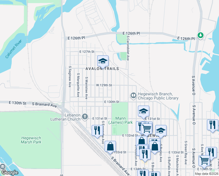 map of restaurants, bars, coffee shops, grocery stores, and more near 12900 South Exchange Avenue in Chicago