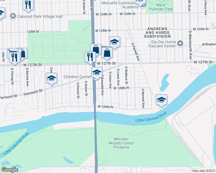 map of restaurants, bars, coffee shops, grocery stores, and more near 12812 South Union Avenue in Chicago