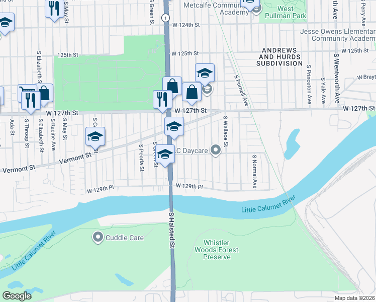 map of restaurants, bars, coffee shops, grocery stores, and more near 12810 South Emerald Avenue in Chicago