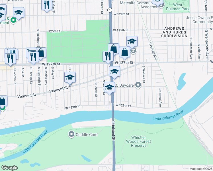 map of restaurants, bars, coffee shops, grocery stores, and more near 12825 South Green Street in Chicago