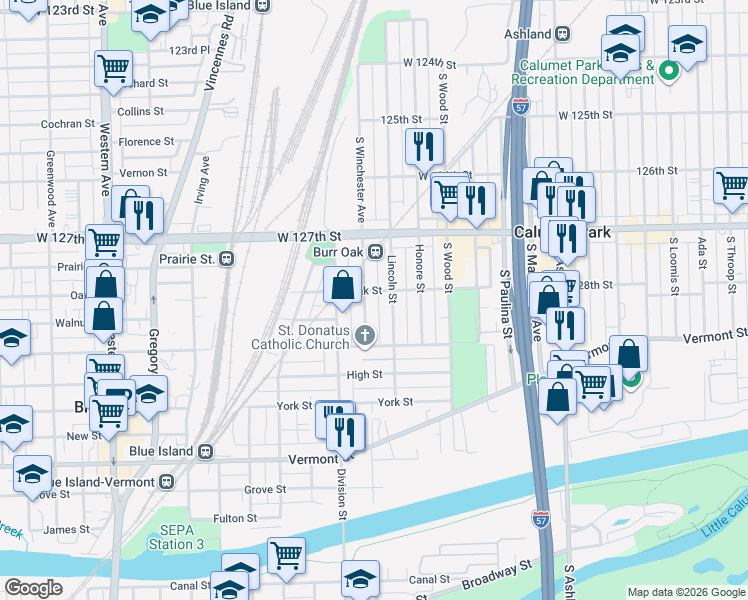 map of restaurants, bars, coffee shops, grocery stores, and more near 12757 Winchester Avenue in Blue Island