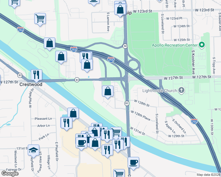 map of restaurants, bars, coffee shops, grocery stores, and more near 12724 South La Crosse Avenue in Alsip