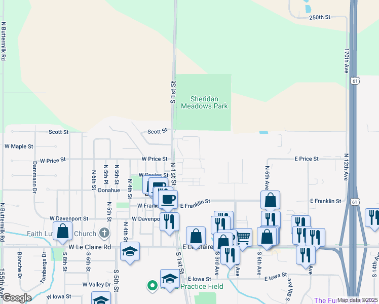 map of restaurants, bars, coffee shops, grocery stores, and more near 711 North 1st Street in Eldridge
