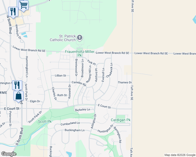 map of restaurants, bars, coffee shops, grocery stores, and more near 110 Ashford Place in Iowa City