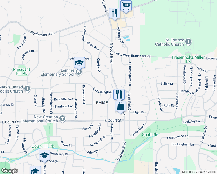 map of restaurants, bars, coffee shops, grocery stores, and more near 62 Oberlin Street in Iowa City