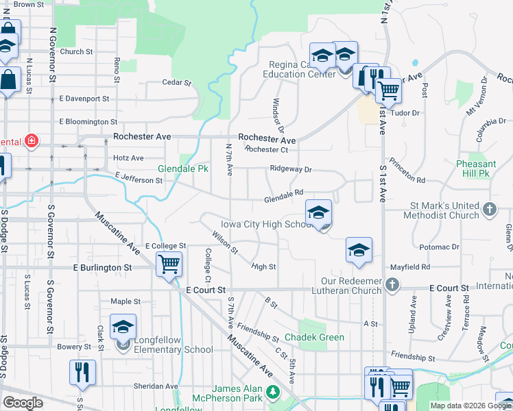 map of restaurants, bars, coffee shops, grocery stores, and more near 1804 Glendale Road in Iowa City