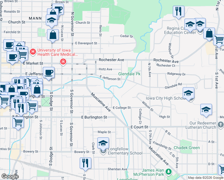 map of restaurants, bars, coffee shops, grocery stores, and more near 1234 East Washington Street in Iowa City