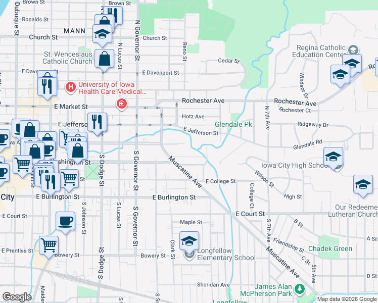 map of restaurants, bars, coffee shops, grocery stores, and more near 1049 Woodlawn Ave in Iowa City