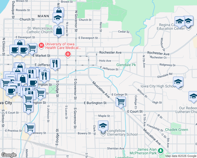 map of restaurants, bars, coffee shops, grocery stores, and more near 1033 Woodlawn Ave in Iowa City