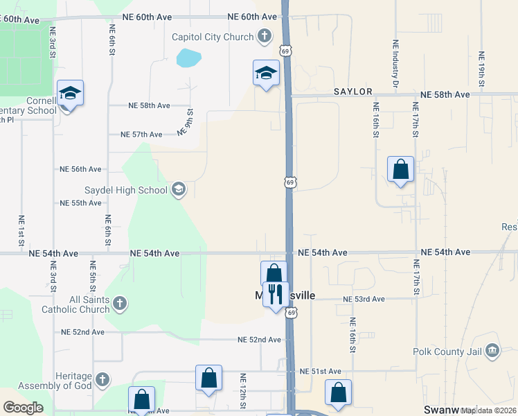 map of restaurants, bars, coffee shops, grocery stores, and more near 5582 Northeast 14th Street in Des Moines