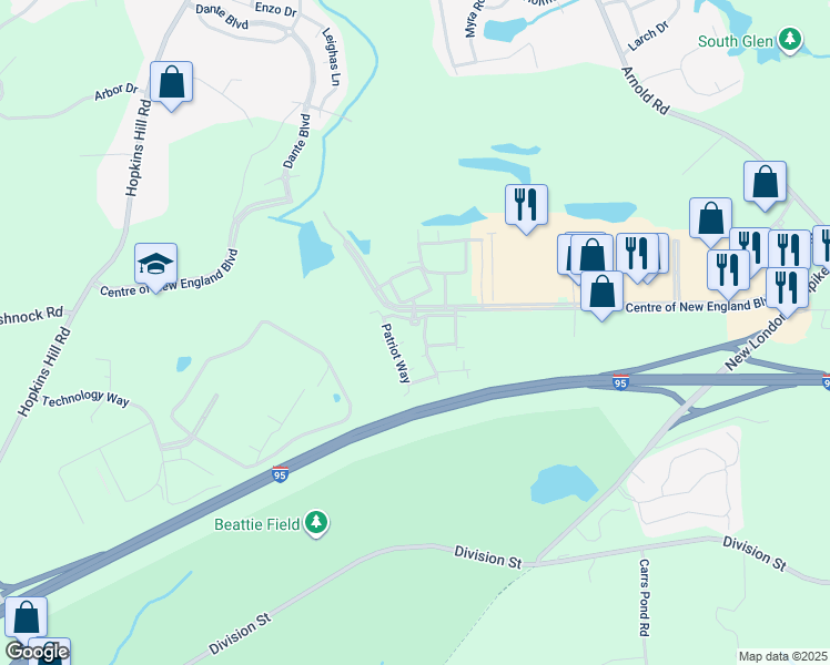 map of restaurants, bars, coffee shops, grocery stores, and more near 1 Patriot Way in West Greenwich