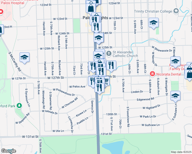 map of restaurants, bars, coffee shops, grocery stores, and more near S Harlem Ave & W 127th St in Palos Heights