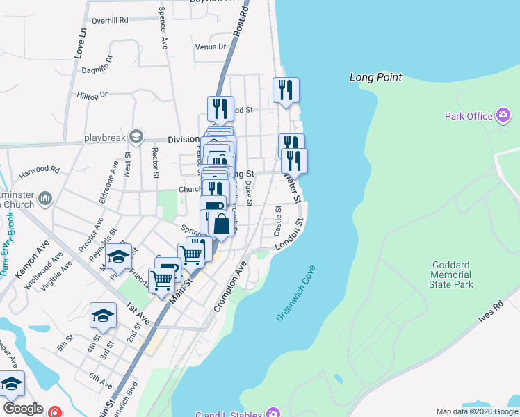 map of restaurants, bars, coffee shops, grocery stores, and more near 38 Queen Street in East Greenwich