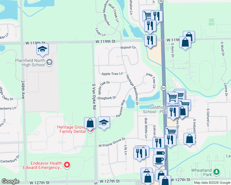 map of restaurants, bars, coffee shops, grocery stores, and more near 12162 Shagbark Drive in Plainfield