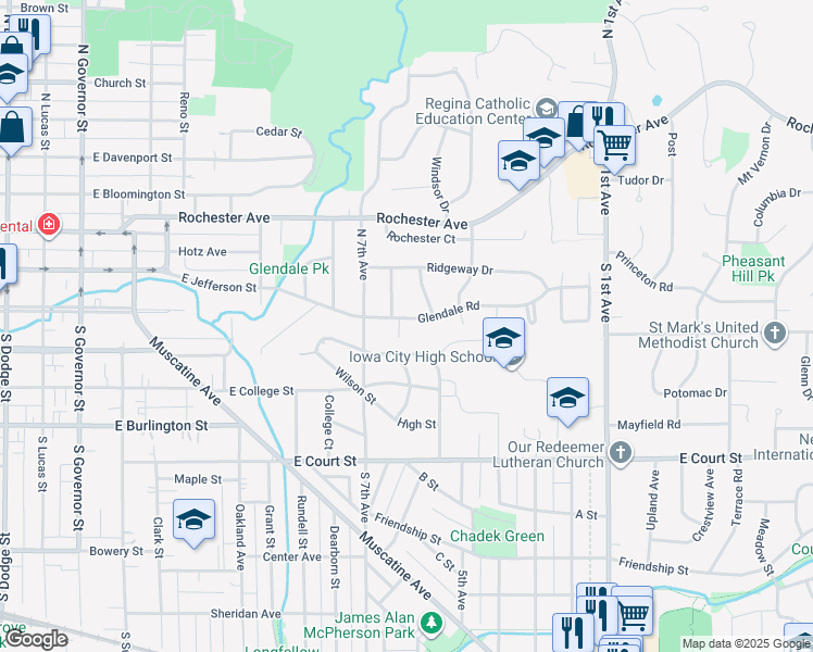 map of restaurants, bars, coffee shops, grocery stores, and more near 1804 Glendale Road in Iowa City