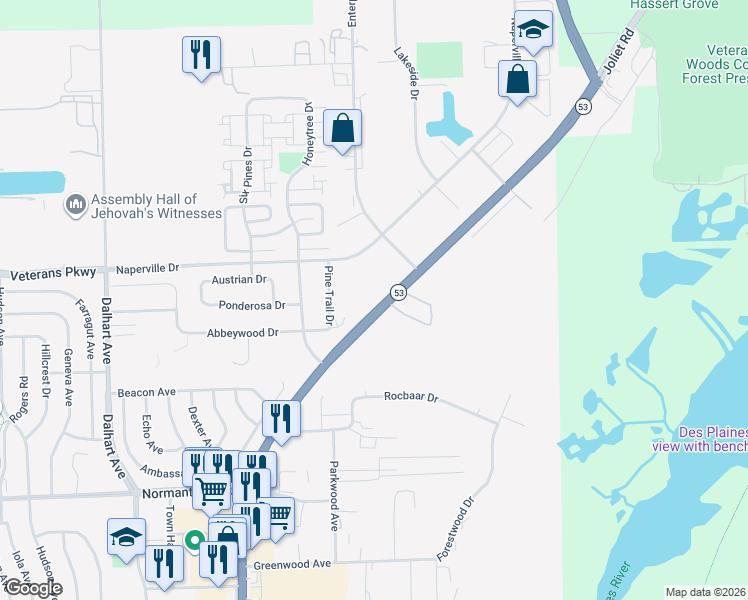 map of restaurants, bars, coffee shops, grocery stores, and more near 773 Pine Trail Drive in Romeoville