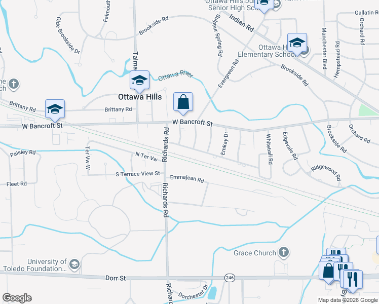 map of restaurants, bars, coffee shops, grocery stores, and more near 2118 Evergreen Road in Toledo