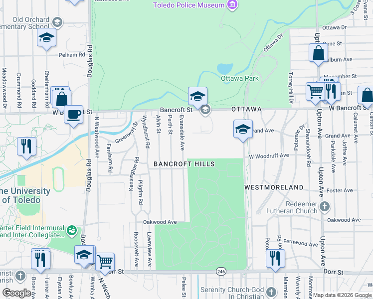 map of restaurants, bars, coffee shops, grocery stores, and more near 2301 West Bancroft Street in Toledo