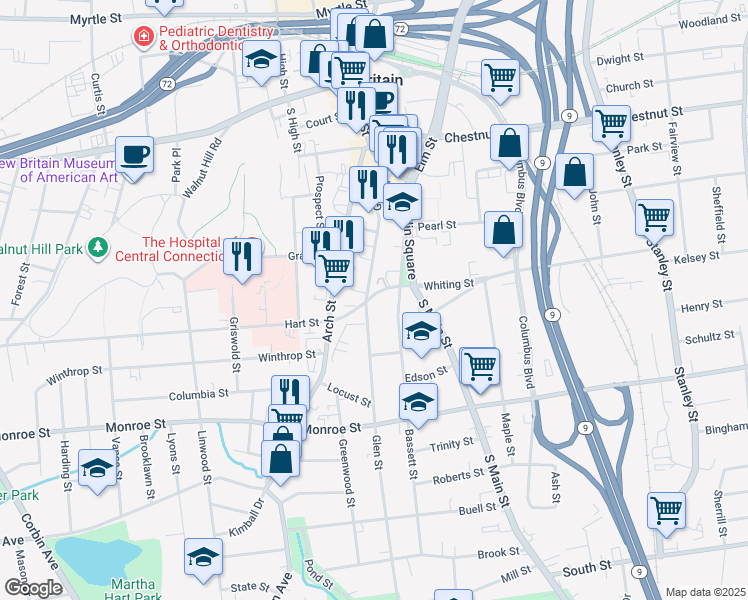map of restaurants, bars, coffee shops, grocery stores, and more near 56 Whiting Street in New Britain