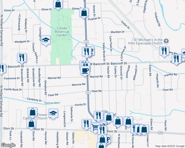 map of restaurants, bars, coffee shops, grocery stores, and more near 2117 Rivard Road in Toledo