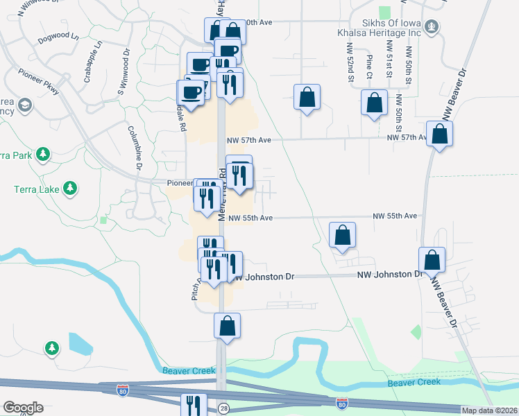 map of restaurants, bars, coffee shops, grocery stores, and more near 5530 Boston Court in Johnston