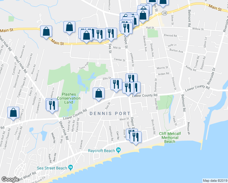 map of restaurants, bars, coffee shops, grocery stores, and more near 167 Sea Street in Dennis