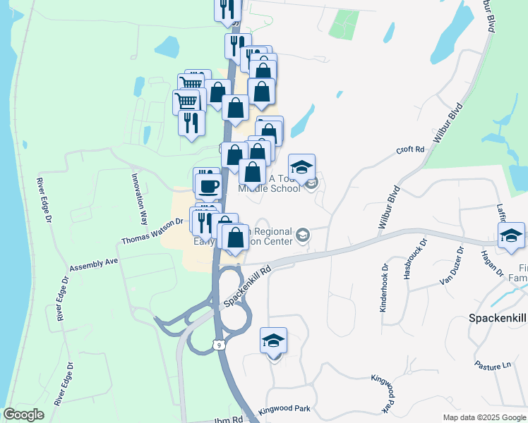 map of restaurants, bars, coffee shops, grocery stores, and more near 23 Schoolhouse Lane in Poughkeepsie