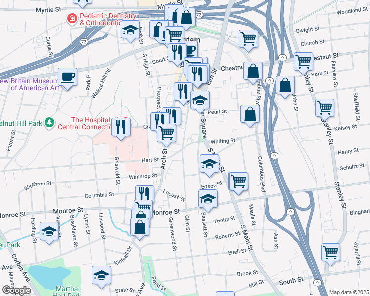 map of restaurants, bars, coffee shops, grocery stores, and more near 56 Whiting Street in New Britain