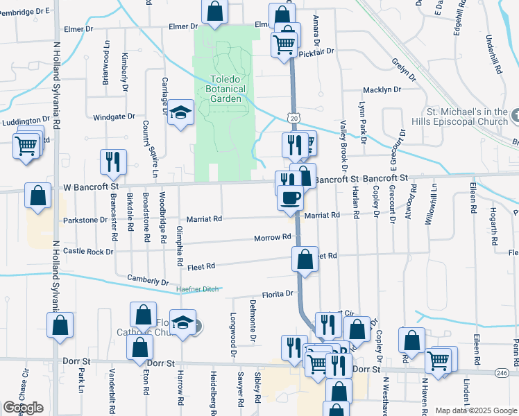 map of restaurants, bars, coffee shops, grocery stores, and more near 5360 Marriat Rd in Toledo