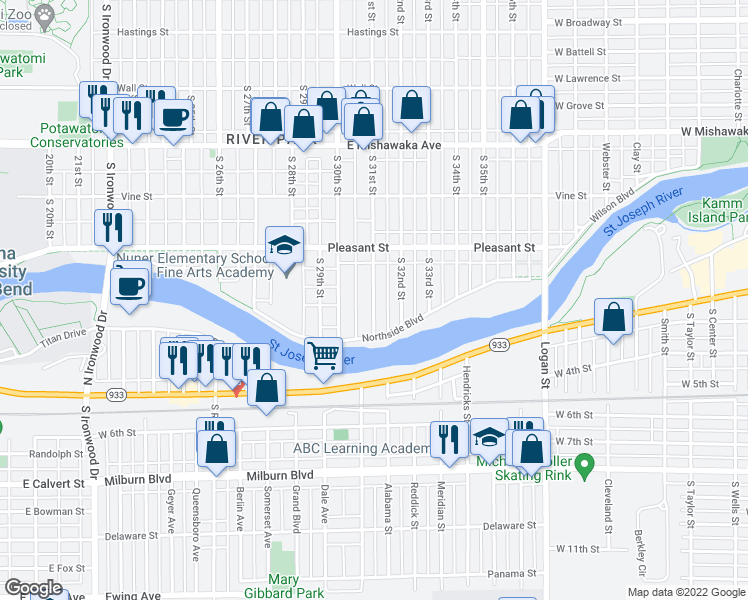 map of restaurants, bars, coffee shops, grocery stores, and more near 1306 South 31st Street in South Bend