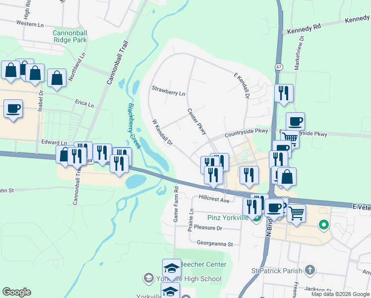 map of restaurants, bars, coffee shops, grocery stores, and more near 412 West Kendall Drive in Yorkville