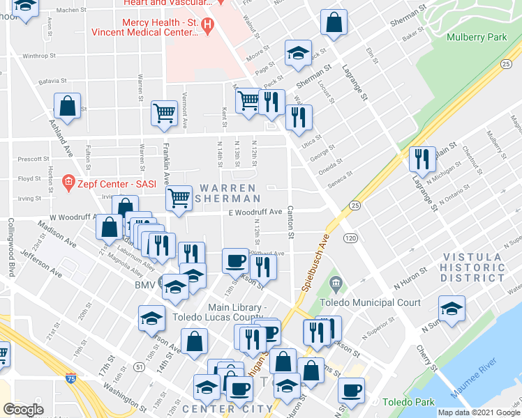 map of restaurants, bars, coffee shops, grocery stores, and more near 2002 North 12th Street in Toledo