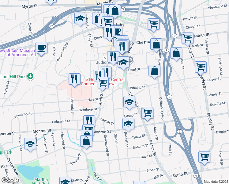 map of restaurants, bars, coffee shops, grocery stores, and more near 57 Whiting Street in New Britain