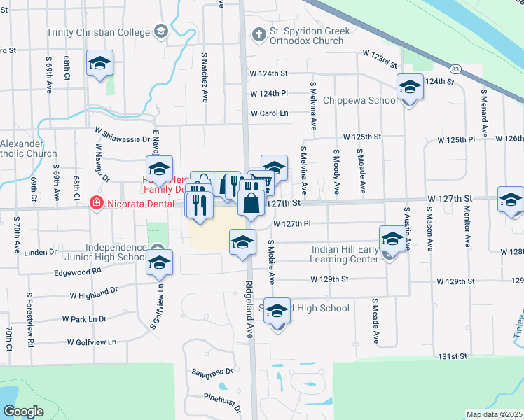 map of restaurants, bars, coffee shops, grocery stores, and more near 12711 Ridgeland Avenue in Palos Heights
