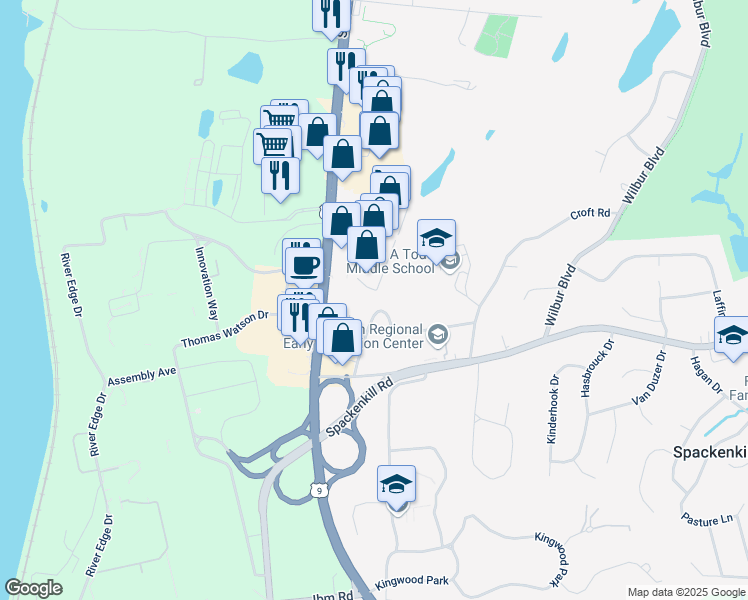 map of restaurants, bars, coffee shops, grocery stores, and more near 23 Schoolhouse Lane in Poughkeepsie
