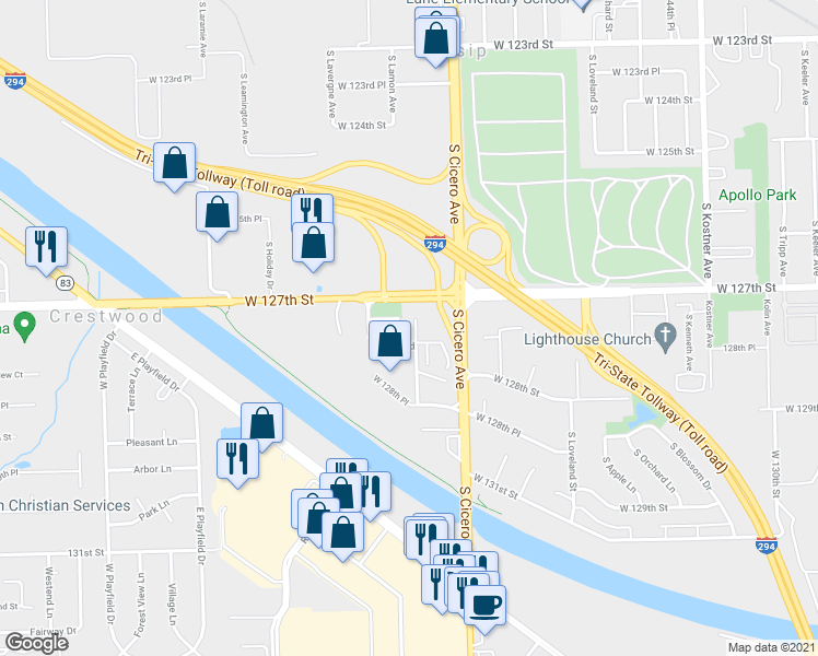 map of restaurants, bars, coffee shops, grocery stores, and more near 12724 South La Crosse Avenue in Alsip