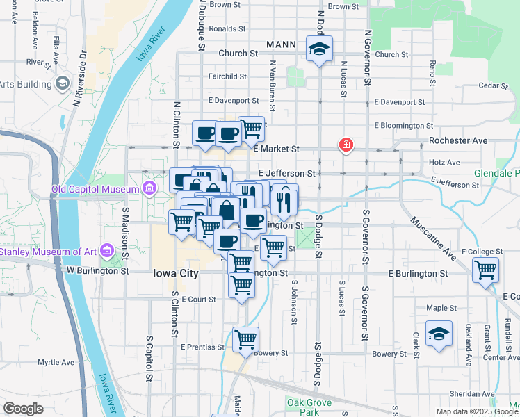map of restaurants, bars, coffee shops, grocery stores, and more near 20 South Gilbert Street in Iowa City