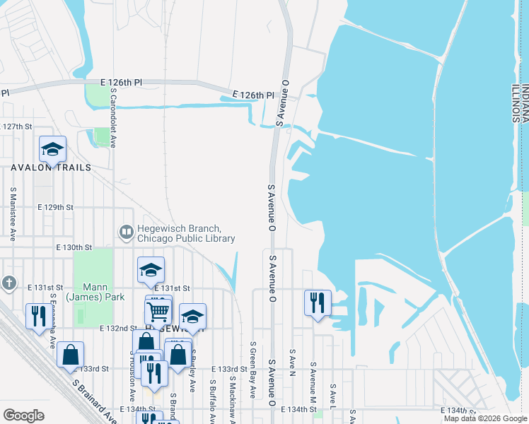 map of restaurants, bars, coffee shops, grocery stores, and more near 12949 South Avenue O in Chicago