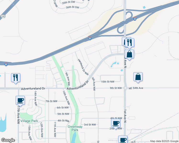 map of restaurants, bars, coffee shops, grocery stores, and more near 437 Elgin Lane NW in Altoona