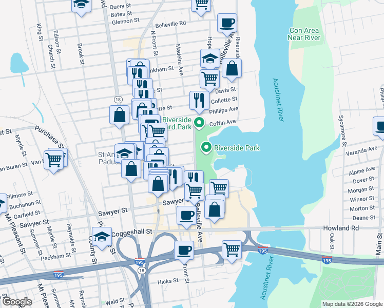 map of restaurants, bars, coffee shops, grocery stores, and more near 9 Bullard Street in New Bedford