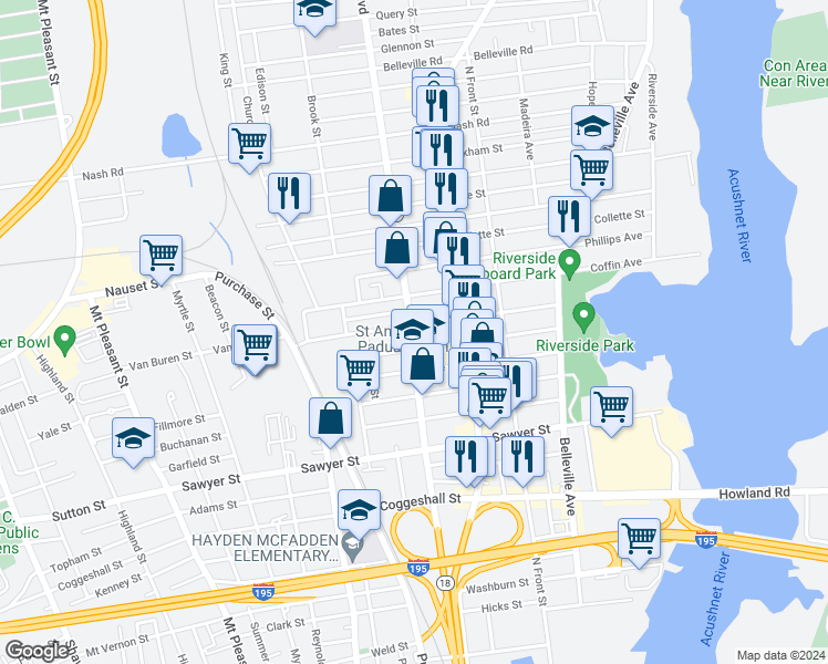 map of restaurants, bars, coffee shops, grocery stores, and more near 138 Deane Street in New Bedford